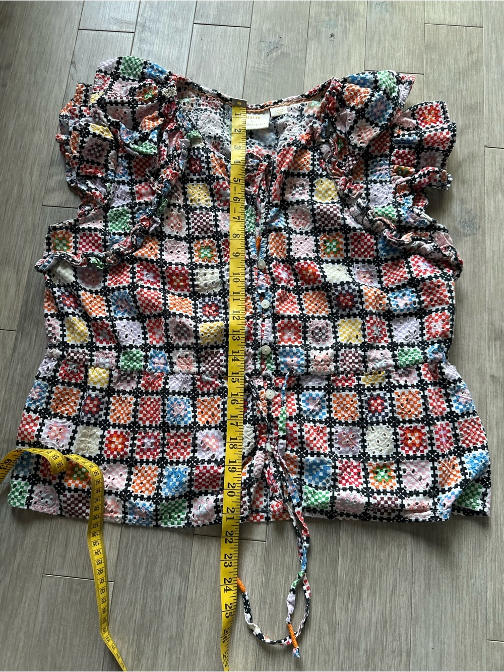 Maeve Anthropologie 100% Cotton Multicolor Crochet-Print Ruffle Tie Blouse Large - Picture 8 of 8